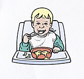 Baby in high chair trying to eat food, illustration
