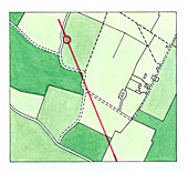 Map of fields with red line illustrating compass bearings