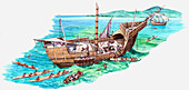 Santa Maria ship running aground, illustration