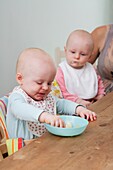 Twin baby girls seated at table