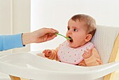 Baby in high chair being fed from spoon