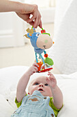 Baby boy reaching up to activity toy