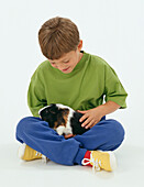 Young boy stroking guinea pig