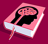 Bookmarks connected to brain on book cover, illustration