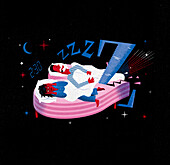 Woman's sleep disturbed by partner's snoring, illustration