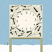 Clock with no hands in snow, illustration