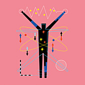 Human figure surrounded by symbols, illustration