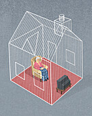 Elderly woman alone in house cage, illustration