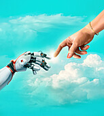 Robot and female hand reaching out to touch, illustration