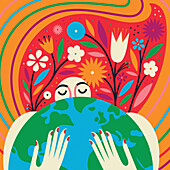 Woman embracing planet earth, illustration