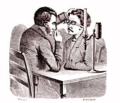 Doctor using an opthalmoscope, 19th century illustration