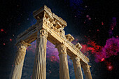 Starry sky over ancient Greece temple, composite image