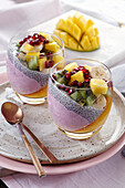 Chia bluyberry pudding with mangos, kiwi, banana and pomegranate