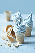 Soft vanilla ice cream in a cone