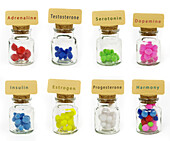 Hormones in labelled jars, conceptual image