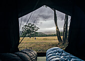 Sleeping bags inside tent with view of Australian bush