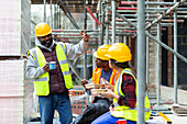 Construction workers enjoying lunch break