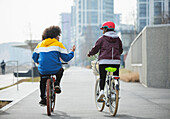 Teen friends riding bicycles on bike path in city