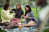 Young female friends celebrating birthday in park