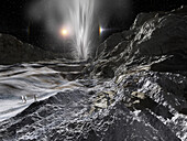 Astronauts exploring cryogeyser on Enceladus, illustration