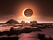 Europa thawing under a red giant Sun, illustration