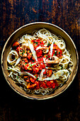 Mushroom and tomato pasta with hazelnut crumbs