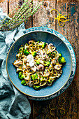 Broccoli pasta with creamy white wine sauce and mushrooms