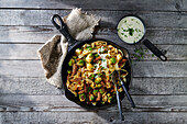 Autumn pasta pan with caramelised Brussels sprouts