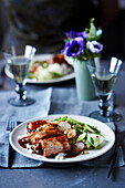 Sticky pork belly with Vietnamese style salad and smashed peanuts