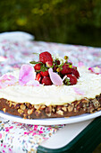 Marzipan cake with elderflower cream and strawberries