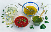 Four different sauces: herb yoghurt, vinegar-oil vinaigrette, tomato vinaigrette and pesto