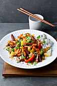 Vegetable sweet and sour with seitan strips