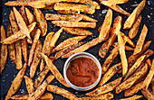 Sweet potato fries with tomato-olive sauce