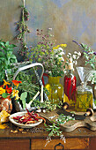 Still life with herbs and herbal oils