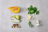 Ingredients for pumpkin gnocchi with pear, Roquefort cream and nuts