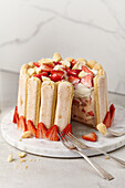 Inside-Out Tiramisu: Small cake covered in ladyfingers, filled with coffee mascarpone cream, strawberries and Marsala crumbs