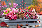 Duftende Herbstdekoration mit Quitten, Äpfeln, Kastanien, Pfaffenhütchen (Euonymus europaeus) und Rosenblüten