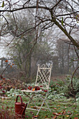 Metal chair and watering can in the late autumn garden