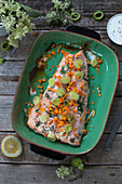 Baked salmon with elderflower syrup