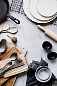 Baking utensils, cutlery, and plates