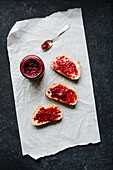 Baguette slices with raspberry jam