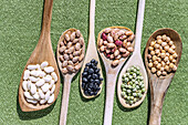 Dried legumes on wooden spoons
