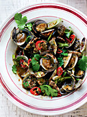 Clams with XO sauce, spring onions and coriander