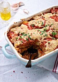 Vegan moussaka (Greece) made with potatoes and lentil soya mince
