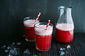 Drink: Switchel, drink with ginger, apple vinegar, coconut water, cranberry juice, lemon, cruched ice, honey