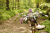 Bicycle with lilac flowers in basket