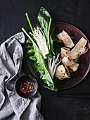Ingredients for Korean fondue - pork belly, spinach, mushrooms, chilli