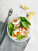 Protein bowl with salmon, egg and spinach