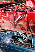 Crushed cars in a scrapyard
