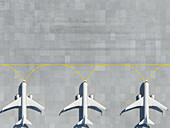 Aeroplanes parked on a concrete runway, illustration